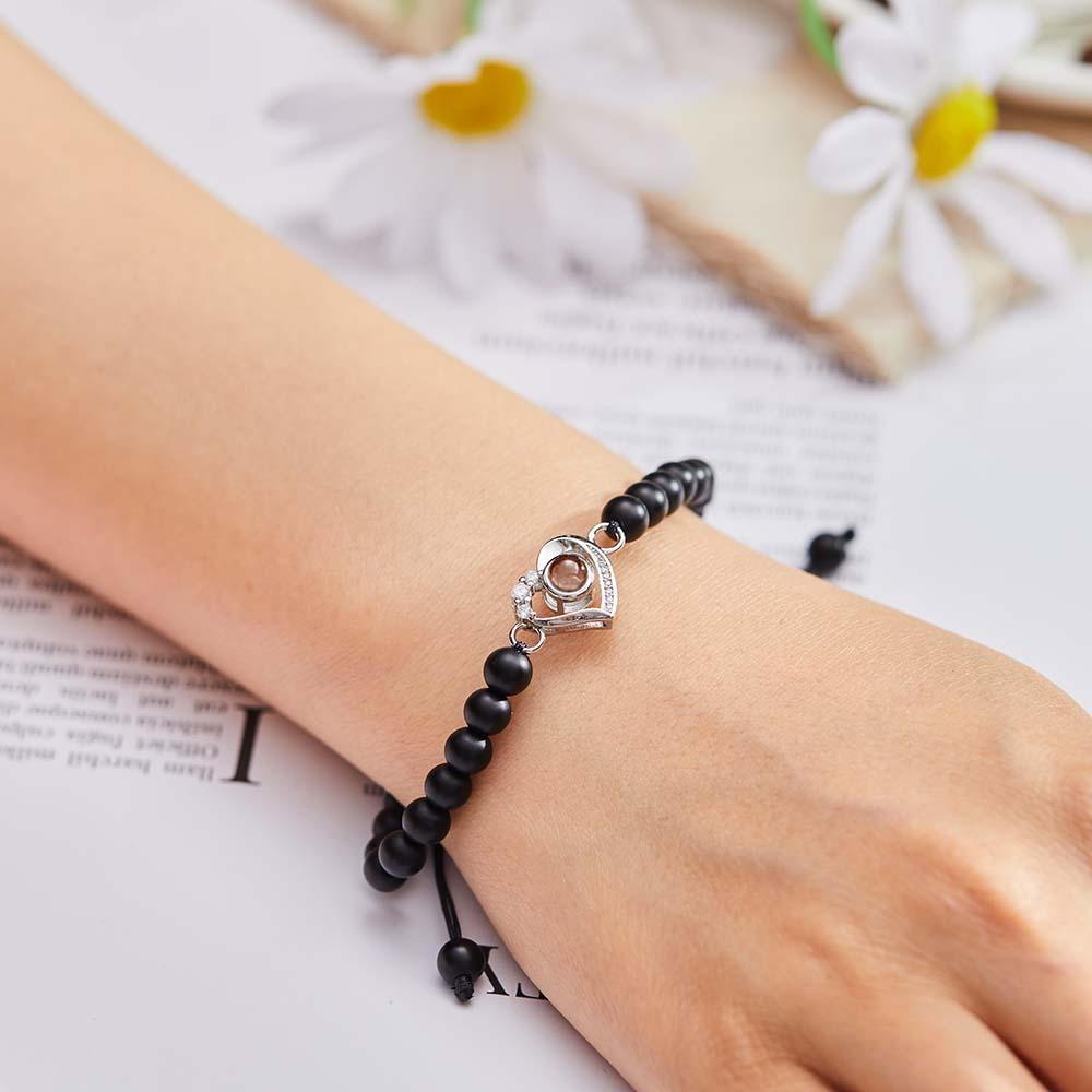 Personalized Photo Projection Beads Bracelet Heart - Shaped With Rhinestones Special Gift For Her - Coolpeacock