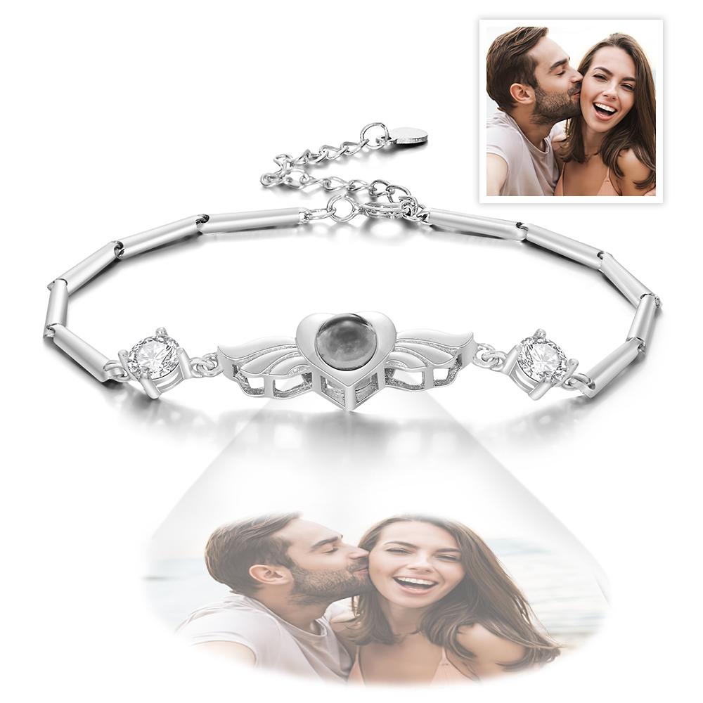 Personalized Photo Projection Bracelet Elegant Wings with Stone Jewelry for Her - Coolpeacock