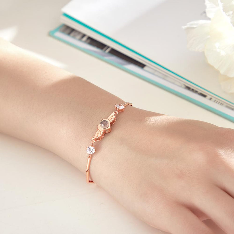 Personalized Photo Projection Bracelet Elegant Wings with Stone Jewelry for Her - Coolpeacock