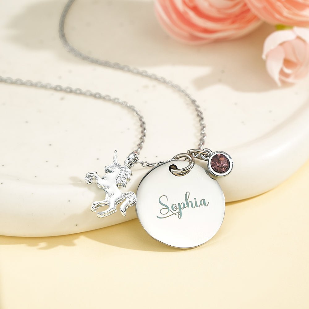 Personalized Unicorn Necklace with Birthstone Name Necklace Birthday Gift for Girls - Coolpeacock