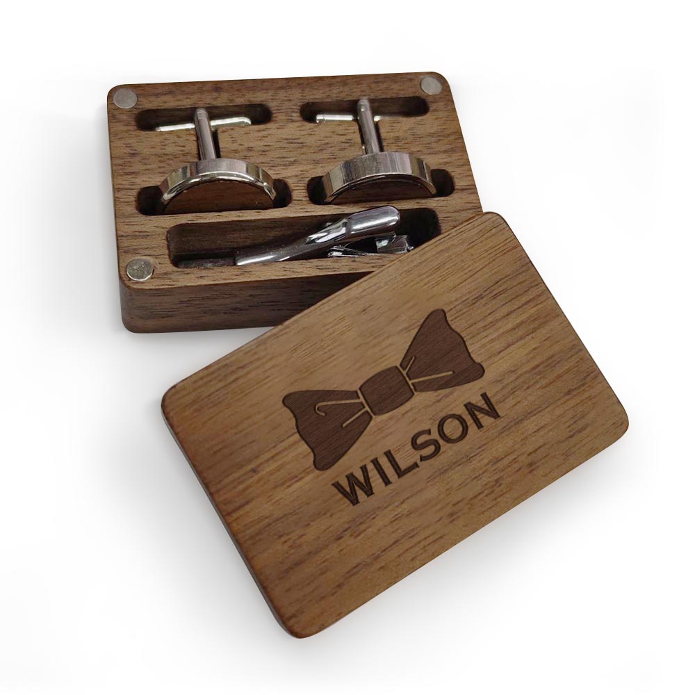 Personalized Wooden Cufflink Box Set with 1 Wood Box, 2 Cufflinks, and 1 Tie Clip - Wedding Gift - Coolpeacock