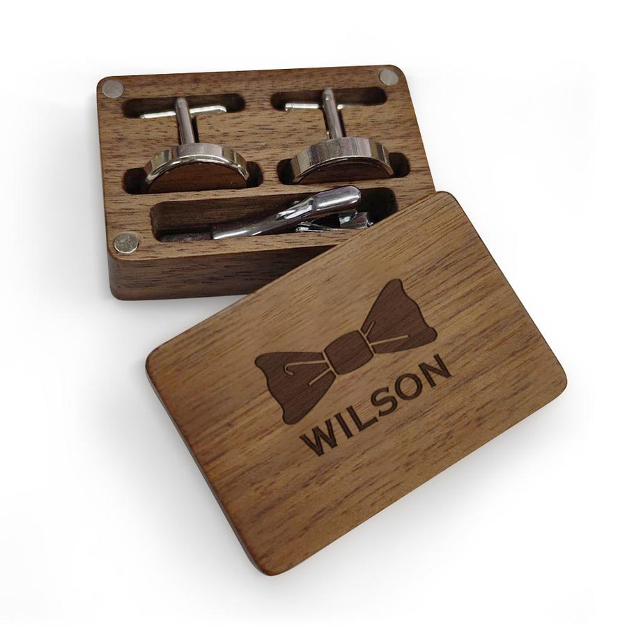 Personalized Wooden Cufflink Box Set with 1 Wood Box, 2 Cufflinks, and 1 Tie Clip - Wedding Gift - Coolpeacock