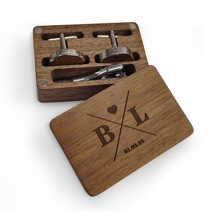 Personalized Wooden Cufflink Box Set with 1 Wood Box, 2 Cufflinks, and 1 Tie Clip - Wedding Gift - Coolpeacock