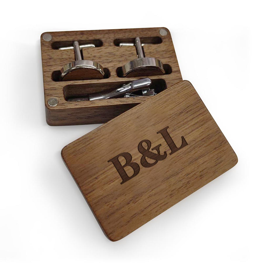 Personalized Wooden Cufflink Box Set with 1 Wood Box, 2 Cufflinks, and 1 Tie Clip - Wedding Gift - Coolpeacock