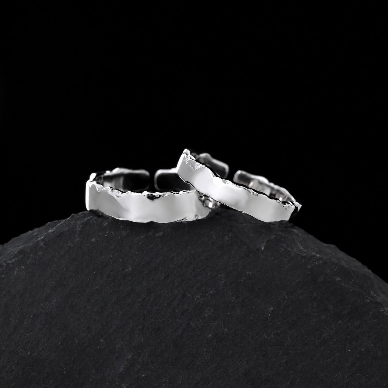 Pisces Chasing the Waves S925 Sterling Silver Adjustable Couple's Ring Set with Black Enamel Openwork Rings - KIAHMILLA