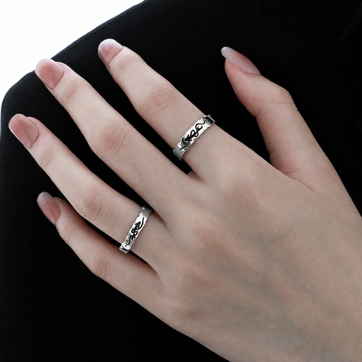 Pisces Chasing the Waves S925 Sterling Silver Adjustable Couple's Ring Set with Black Enamel Openwork Rings - KIAHMILLA
