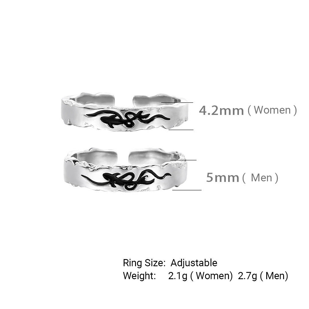 Pisces Chasing the Waves S925 Sterling Silver Adjustable Couple's Ring Set with Black Enamel Openwork Rings - KIAHMILLA