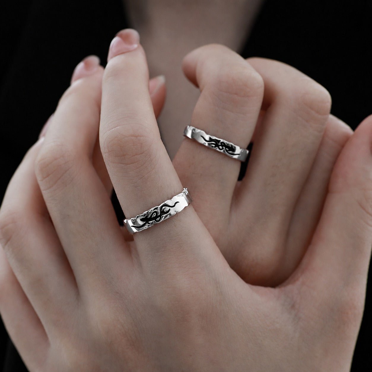 Pisces Chasing the Waves S925 Sterling Silver Adjustable Couple's Ring Set with Black Enamel Openwork Rings - KIAHMILLA