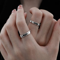 Pisces Chasing the Waves S925 Sterling Silver Adjustable Couple's Ring Set with Black Enamel Openwork Rings - KIAHMILLA
