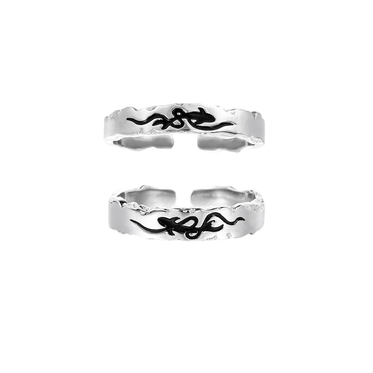 Pisces Chasing the Waves S925 Sterling Silver Adjustable Couple's Ring Set with Black Enamel Openwork Rings - KIAHMILLA