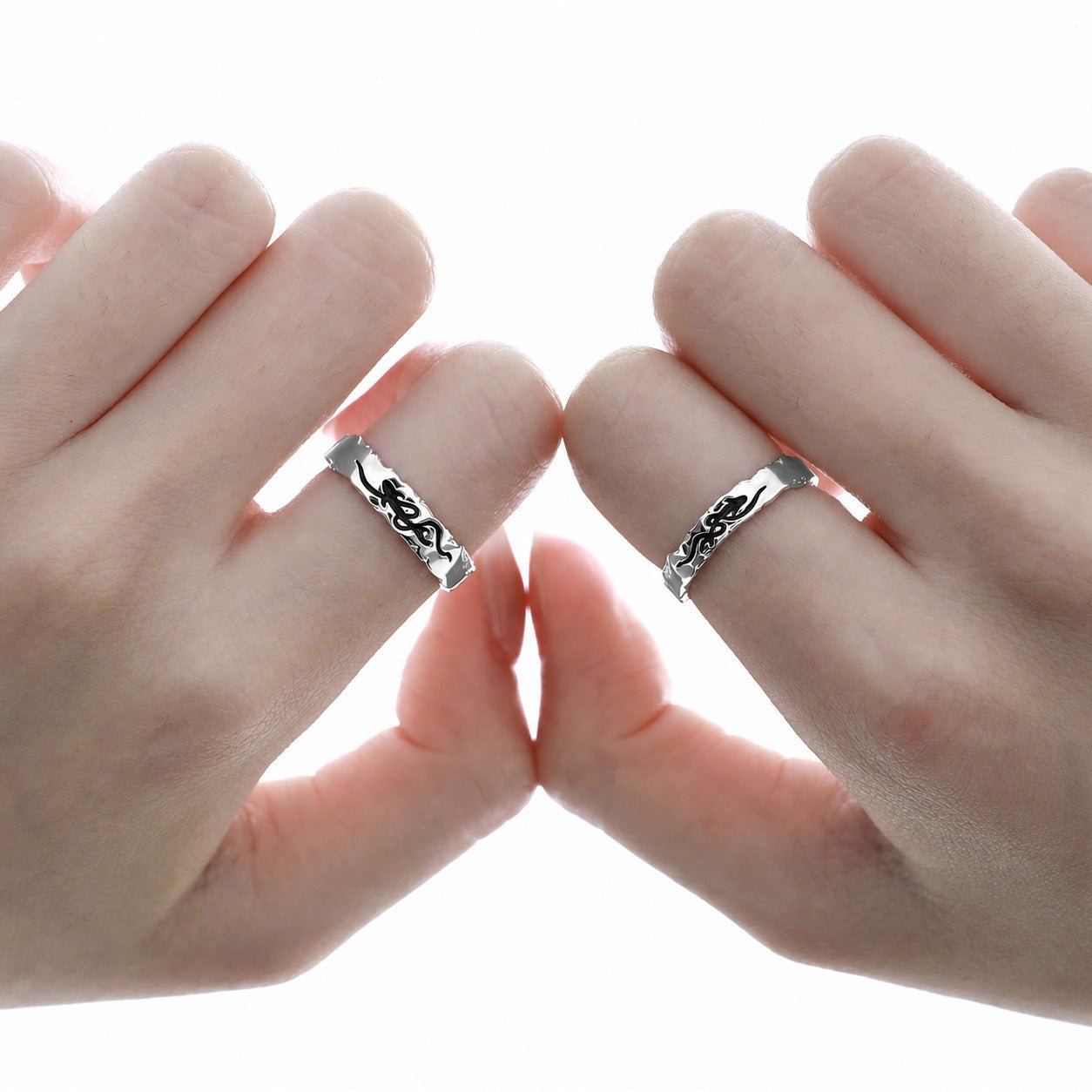 Pisces Chasing the Waves S925 Sterling Silver Adjustable Couple's Ring Set with Black Enamel Openwork Rings - KIAHMILLA