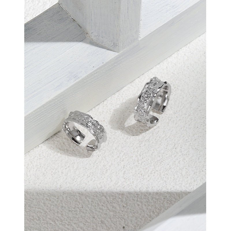 Pure Metal Irregular Hammered Textured Silver Color S925 Sterling Silver Open Adjustable Wide Band Ring - KIAHMILLA