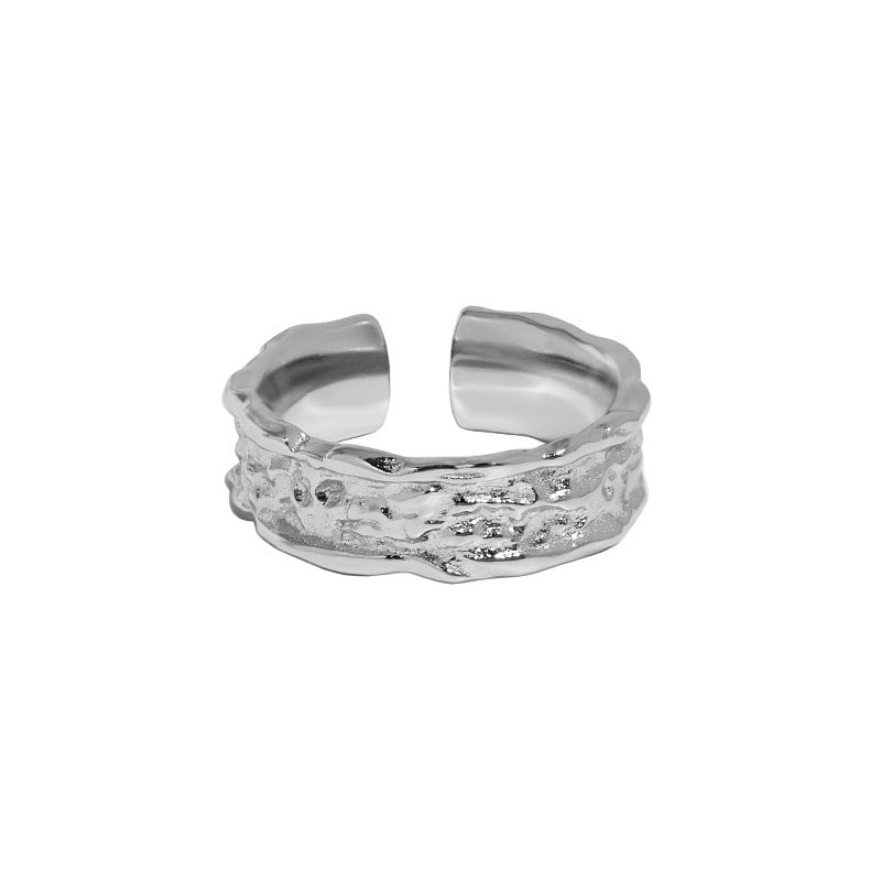 Pure Metal Irregular Hammered Textured Silver Color S925 Sterling Silver Open Adjustable Wide Band Ring - KIAHMILLA