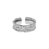 Pure Metal Irregular Hammered Textured Silver Color S925 Sterling Silver Open Adjustable Wide Band Ring - KIAHMILLA
