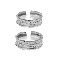 Pure Metal Irregular Hammered Textured Silver Color S925 Sterling Silver Open Adjustable Wide Band Ring - KIAHMILLA