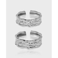 Pure Metal Irregular Hammered Textured Silver Color S925 Sterling Silver Open Adjustable Wide Band Ring - KIAHMILLA