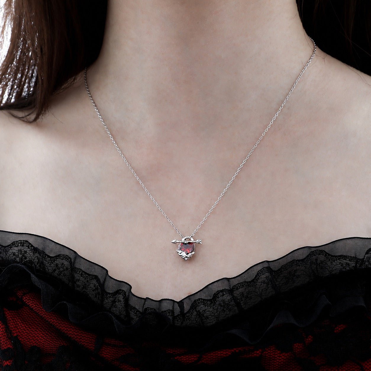 Red Heart Cupid's Arrow Zirconia 925 Sterling Silver Romantic and Minimalist Collar Bone Necklace - KIAHMILLA