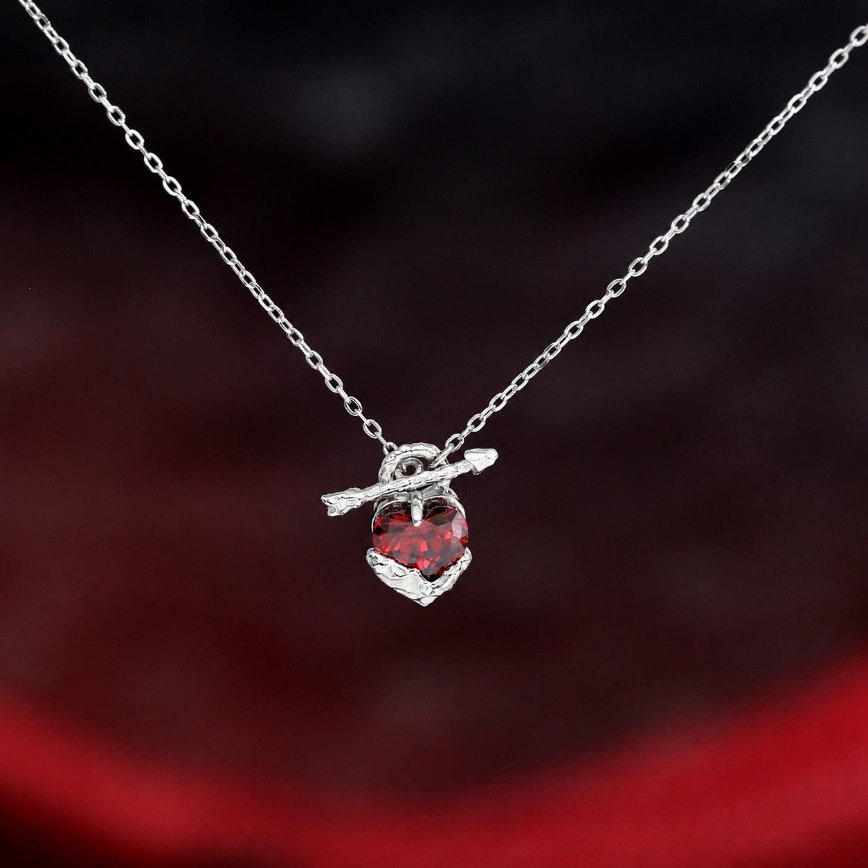 Red Heart Cupid's Arrow Zirconia 925 Sterling Silver Romantic and Minimalist Collar Bone Necklace - KIAHMILLA