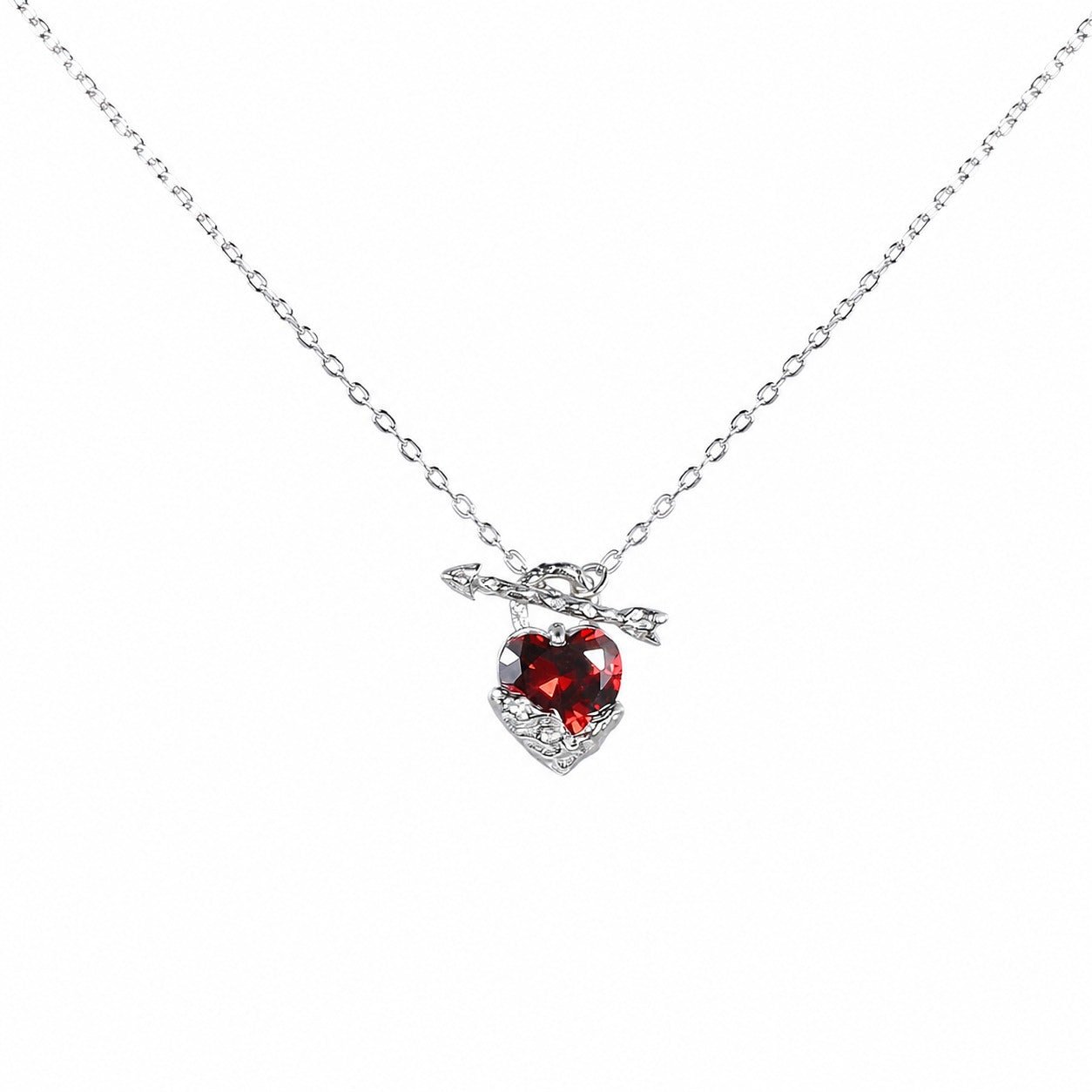 Red Heart Cupid's Arrow Zirconia 925 Sterling Silver Romantic and Minimalist Collar Bone Necklace - KIAHMILLA