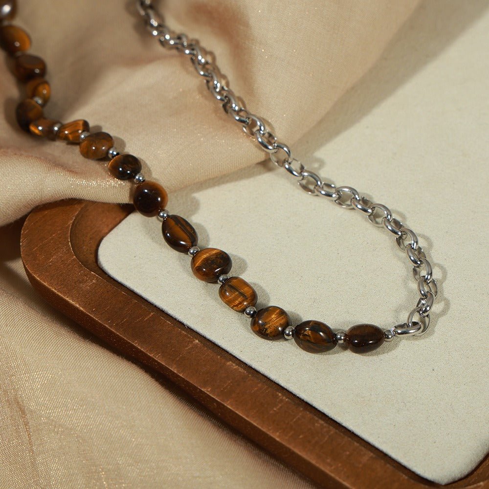 Retro fashion tiger eye stone beads with O-shaped chain design hand jewelry necklace set - KIAHMILLA
