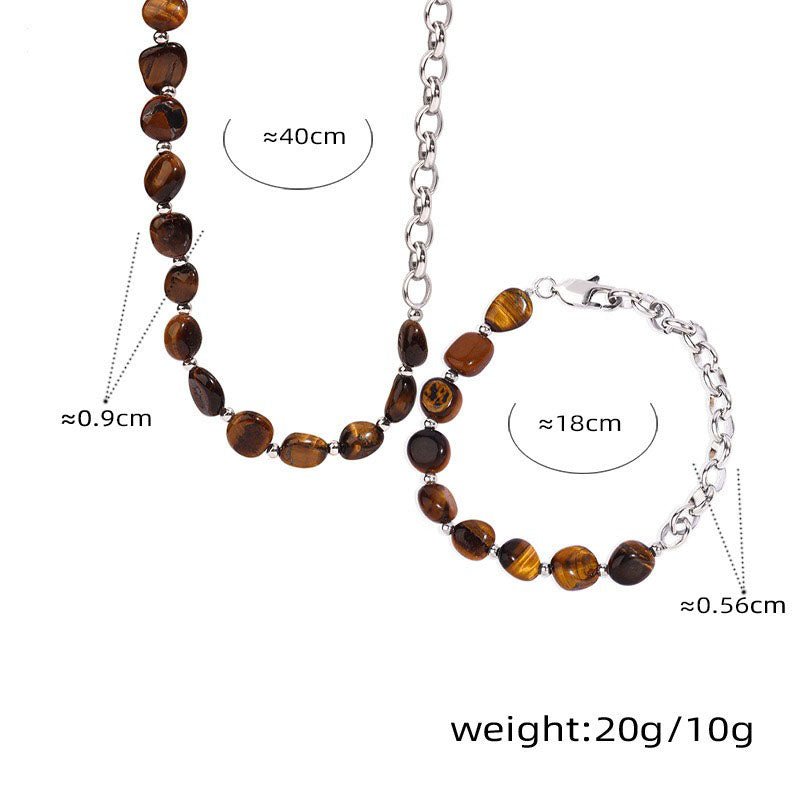 Retro fashion tiger eye stone beads with O-shaped chain design hand jewelry necklace set - KIAHMILLA
