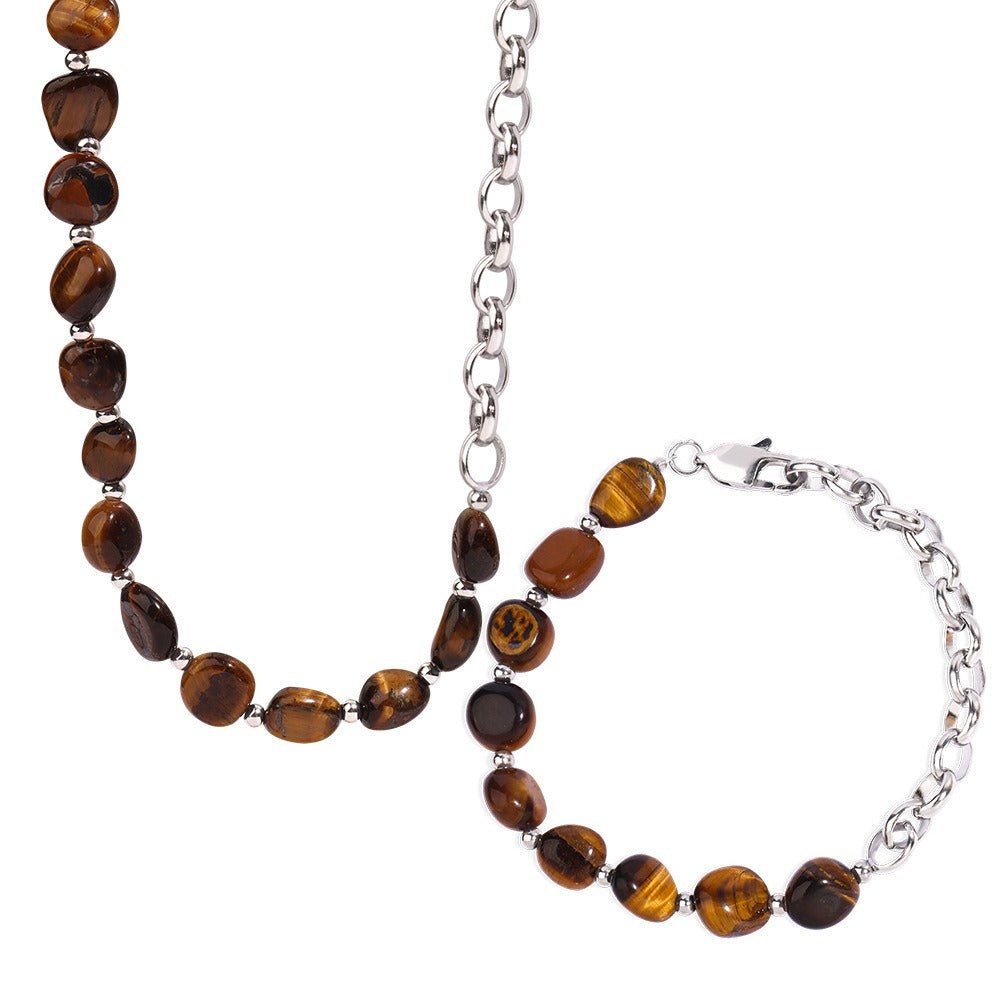 Retro fashion tiger eye stone beads with O-shaped chain design hand jewelry necklace set - KIAHMILLA