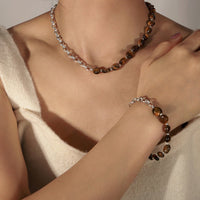 Retro fashion tiger eye stone beads with O-shaped chain design hand jewelry necklace set - KIAHMILLA