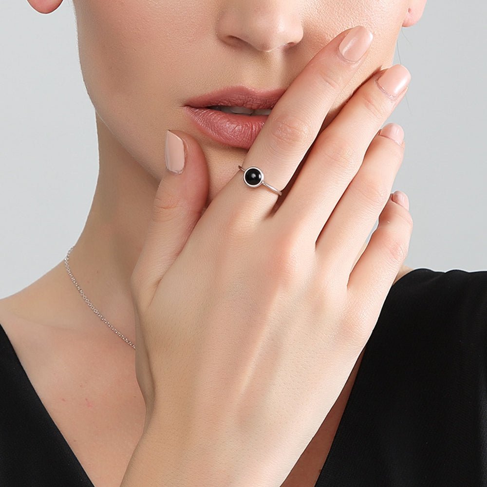 Round Black Agate CZ 925 Sterling Silver Open Size Ring Women - KIAHMILLA