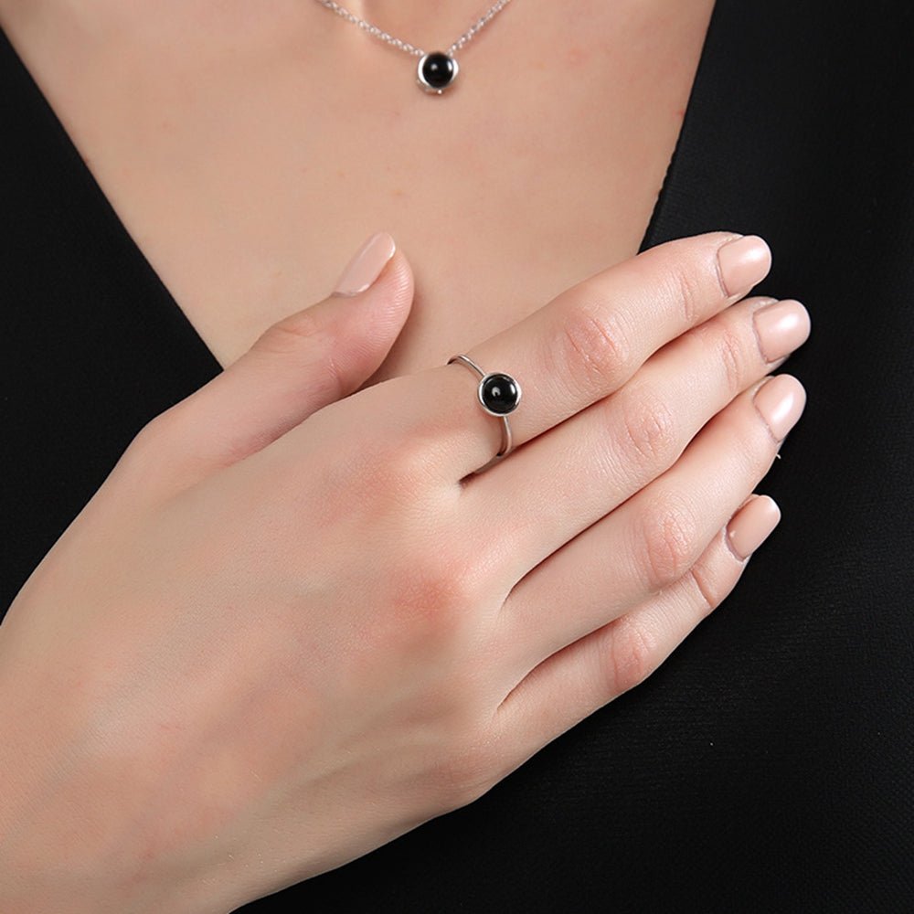 Round Black Agate CZ 925 Sterling Silver Open Size Ring Women - KIAHMILLA