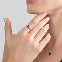 Round Black Agate CZ 925 Sterling Silver Open Size Ring Women - KIAHMILLA