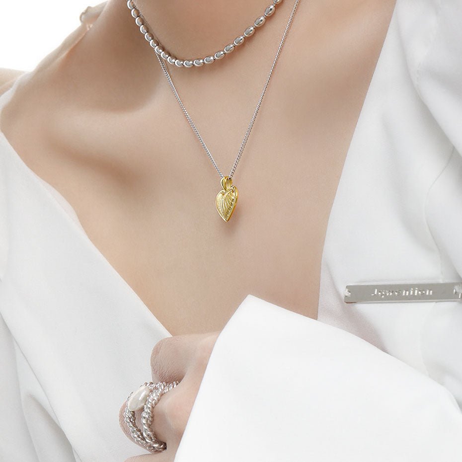S925 Sterling Silver Two Tone Necklace 18K Gold Plated Textured Heart Pendant Necklace - KIAHMILLA