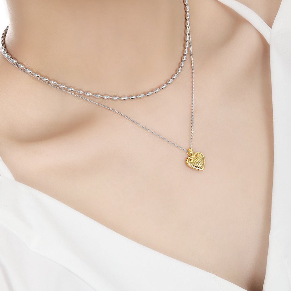S925 Sterling Silver Two Tone Necklace 18K Gold Plated Textured Heart Pendant Necklace - KIAHMILLA
