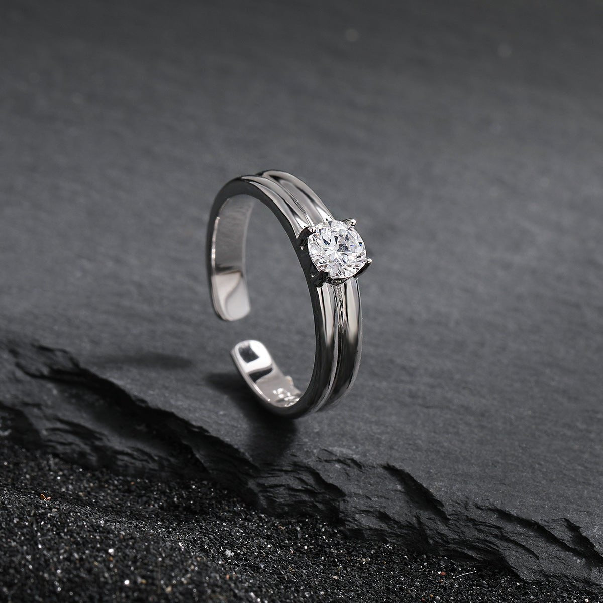 Simple Double Layers Four Claws Cubic Zirconia 925 Sterling Silver Adjustable Ring - KIAHMILLA