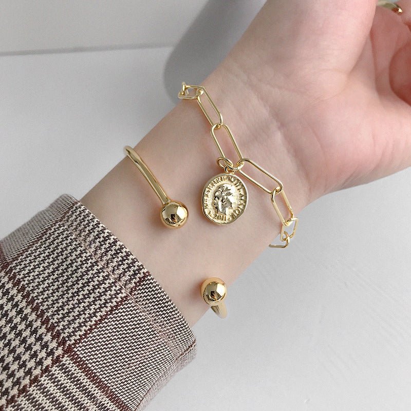 Simple Gold Beads 925 Sterling Silver Open Bangle - KIAHMILLA