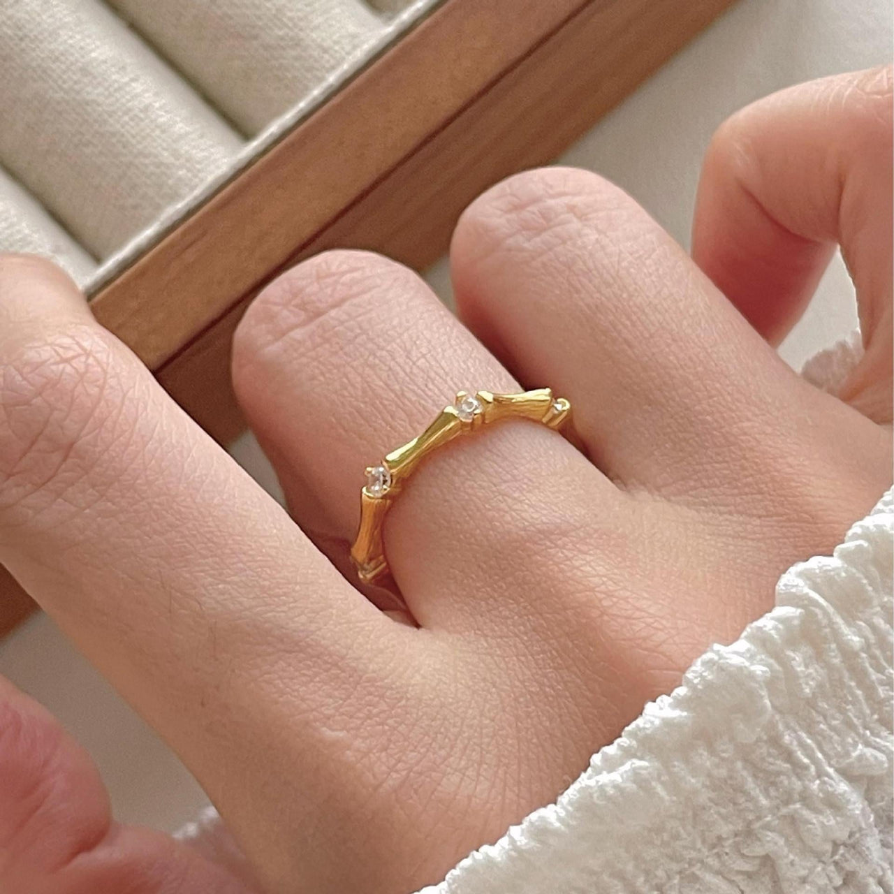Simple Irregular CZ Camboo Joint 925 Sterling Silver Adjustable Ring - KIAHMILLA