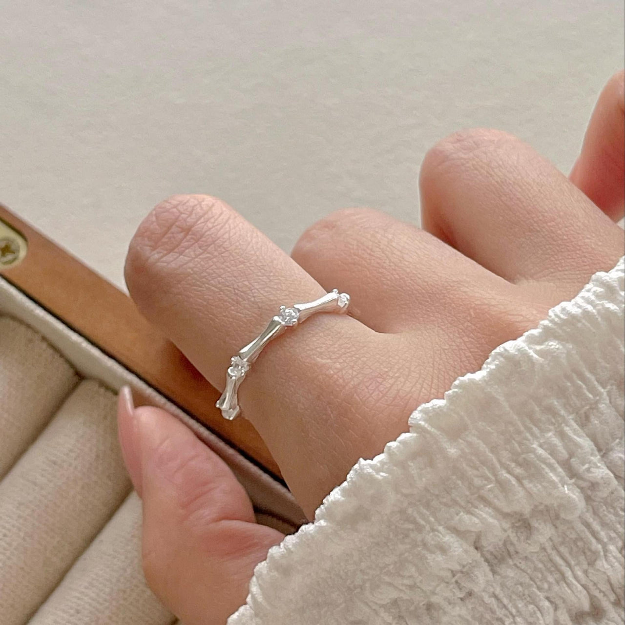 Simple Irregular CZ Camboo Joint 925 Sterling Silver Adjustable Ring - KIAHMILLA