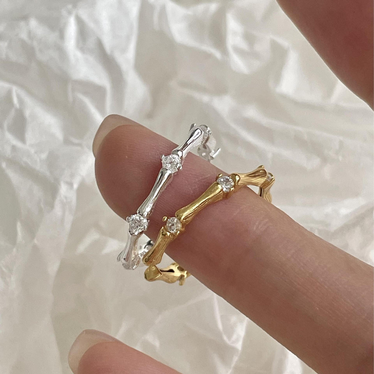Simple Irregular CZ Camboo Joint 925 Sterling Silver Adjustable Ring - KIAHMILLA