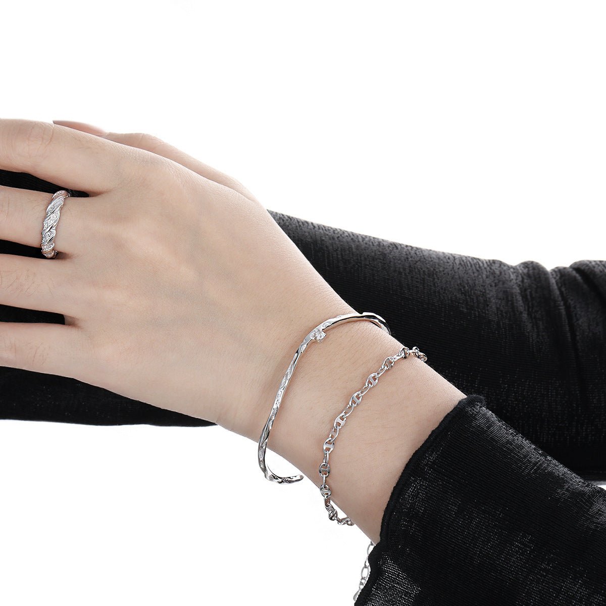 Simple Irregular CZ Wave 925 Sterling Silver Open Bangle - KIAHMILLA