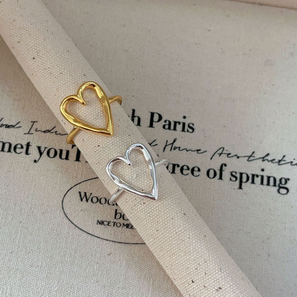 Simple Irregular Hollow Heart Solid 925 Sterling Silver Adjustable Ring - KIAHMILLA