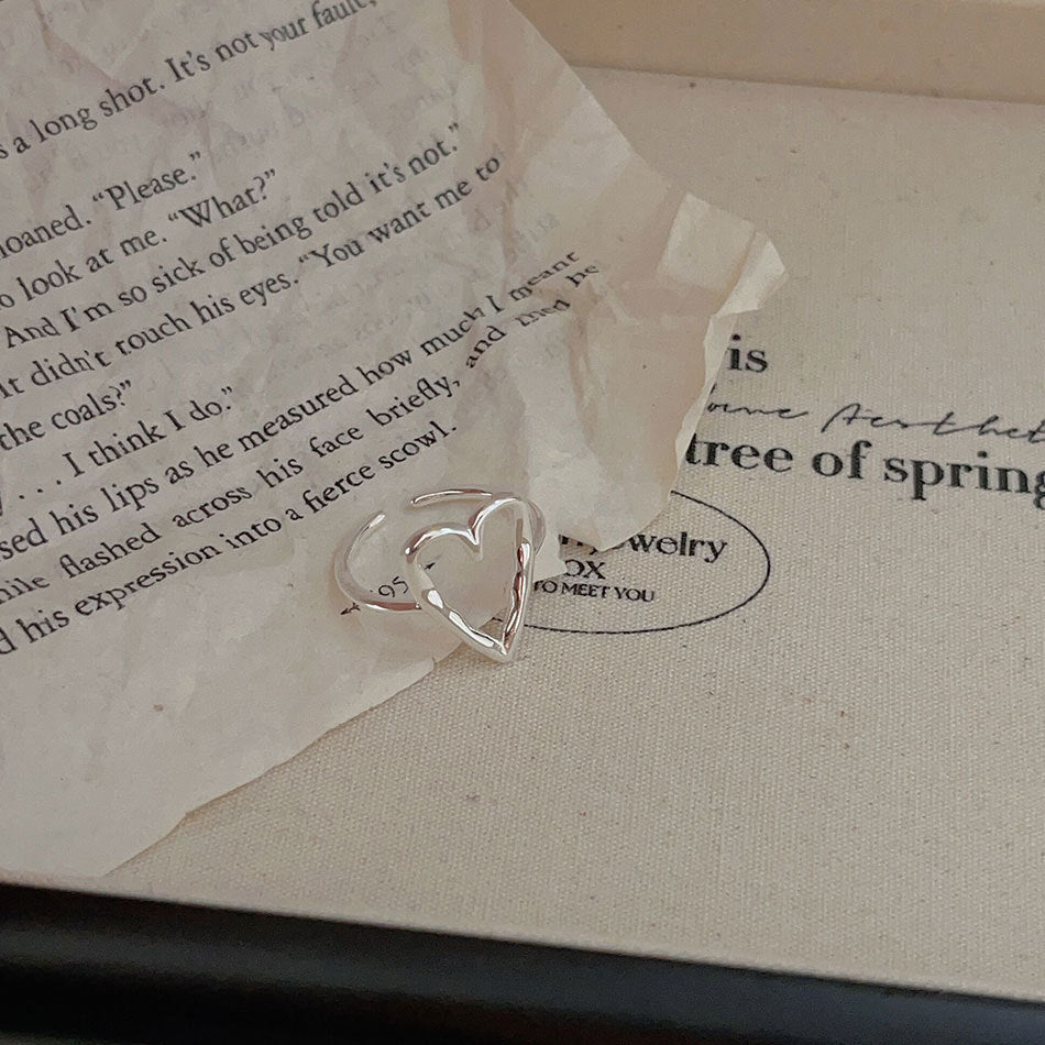 Simple Irregular Hollow Heart Solid 925 Sterling Silver Adjustable Ring - KIAHMILLA