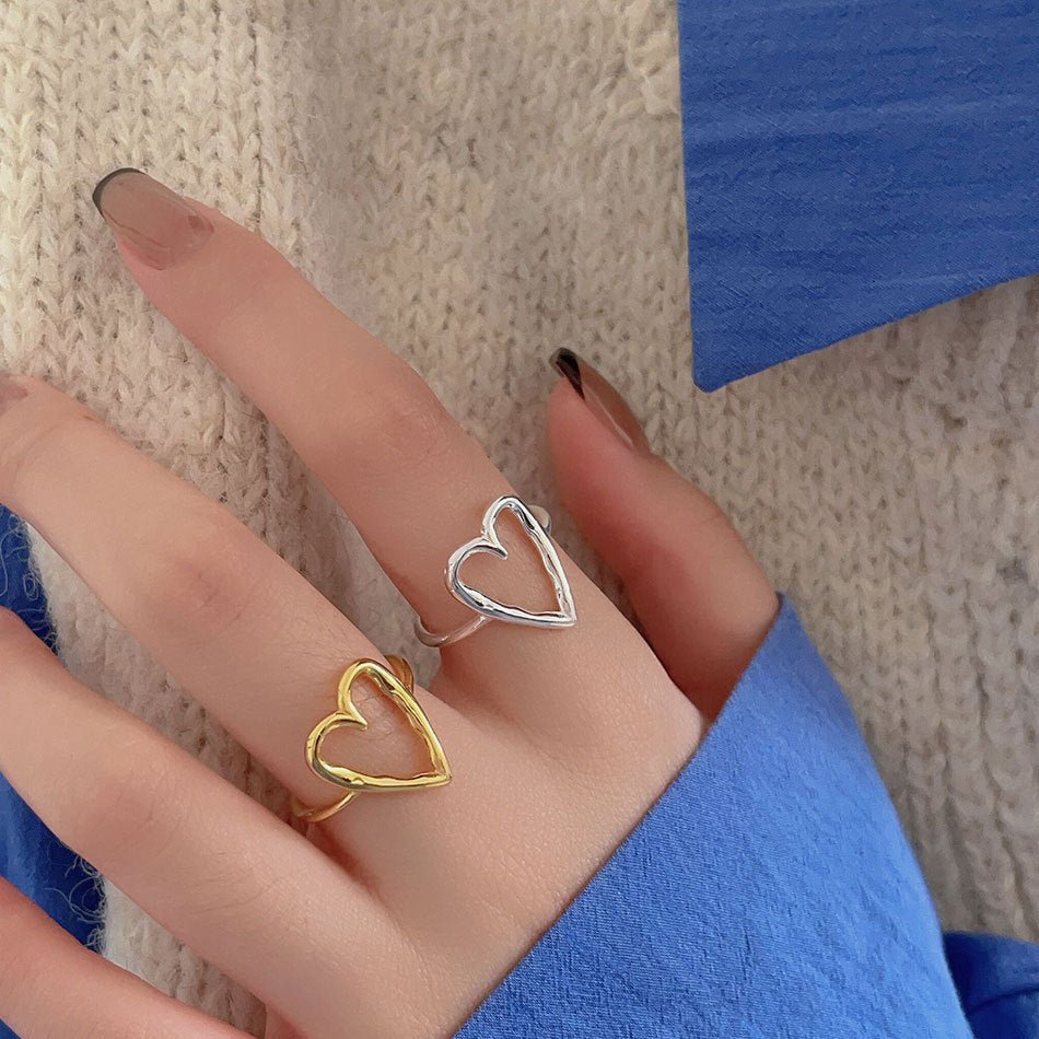 Simple Irregular Hollow Heart Solid 925 Sterling Silver Adjustable Ring - KIAHMILLA
