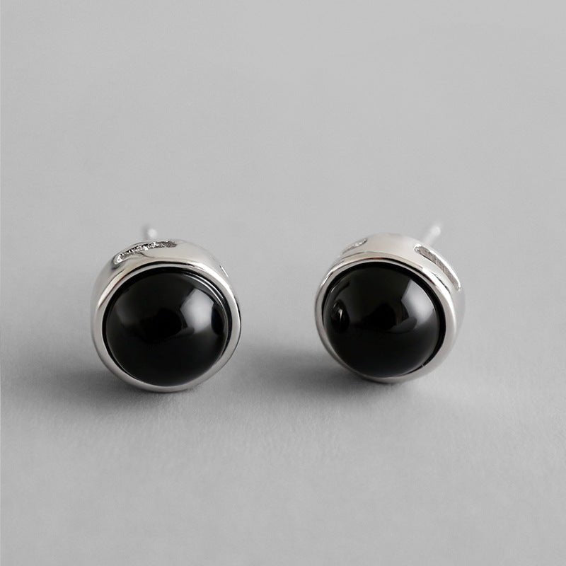 Simple Round Natural Agate 925 Sterling Silver Stud Earrings - KIAHMILLA