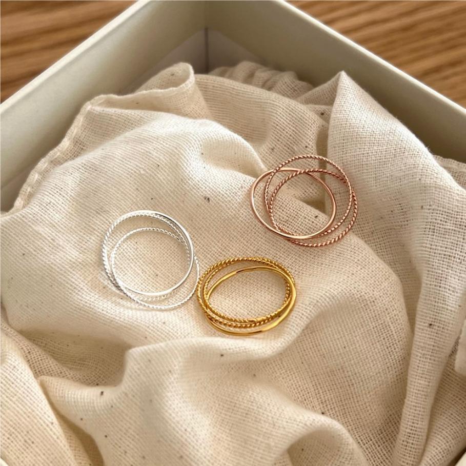 Simple Twisted Triple Layers Circles 925 Sterling Silver Stacker Ring - KIAHMILLA
