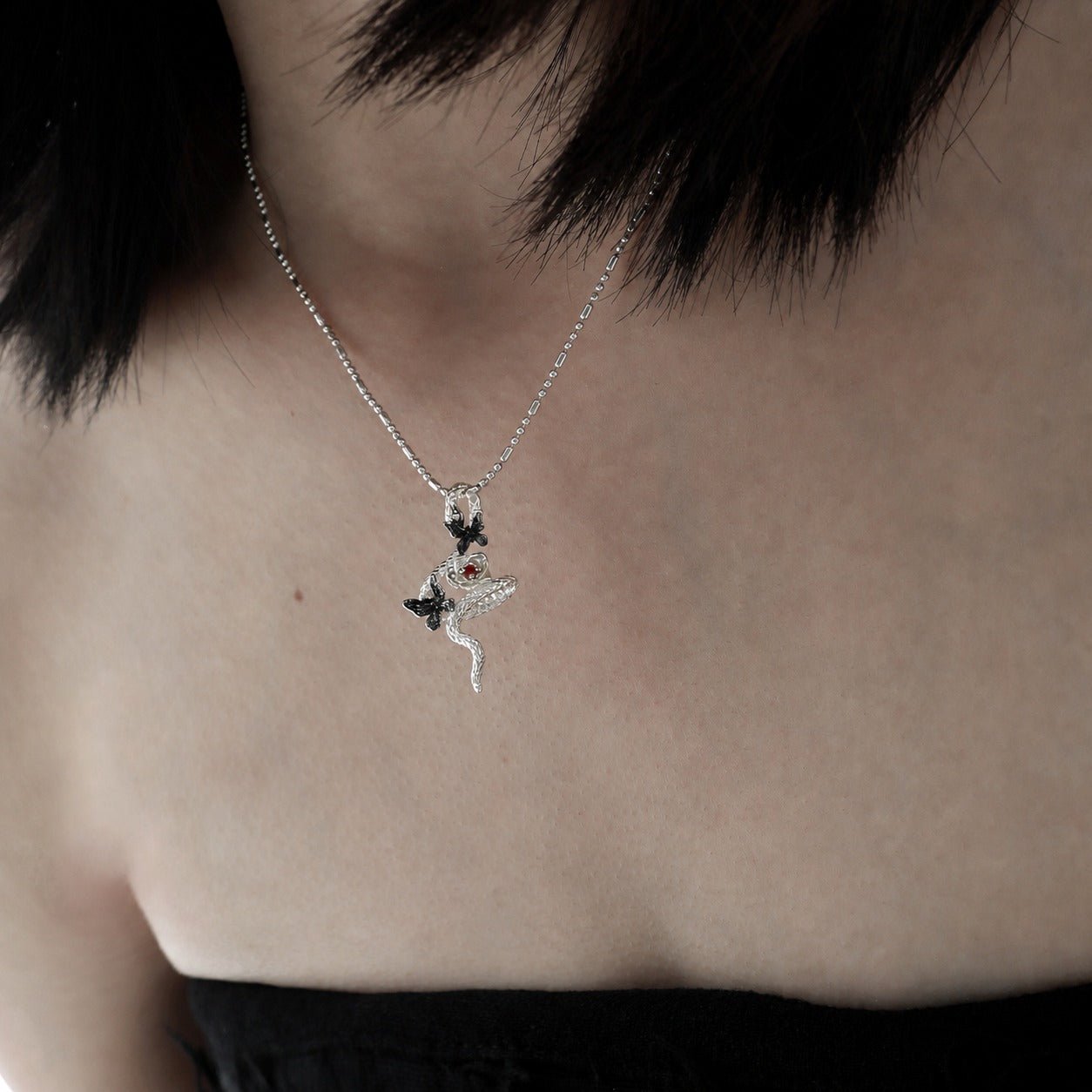 Snake Butterfly Zircon and Red Gemstone Flower Pendant on a 925 Sterling Silver Necklace - KIAHMILLA