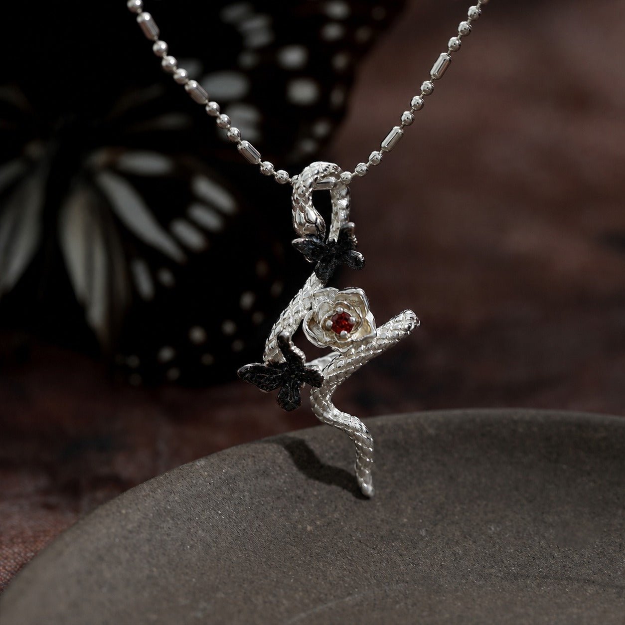 Snake Butterfly Zircon and Red Gemstone Flower Pendant on a 925 Sterling Silver Necklace - KIAHMILLA
