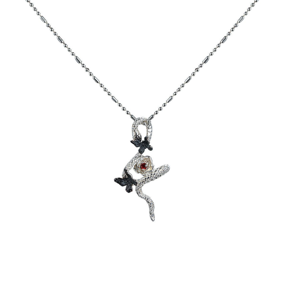Snake Butterfly Zircon and Red Gemstone Flower Pendant on a 925 Sterling Silver Necklace - KIAHMILLA