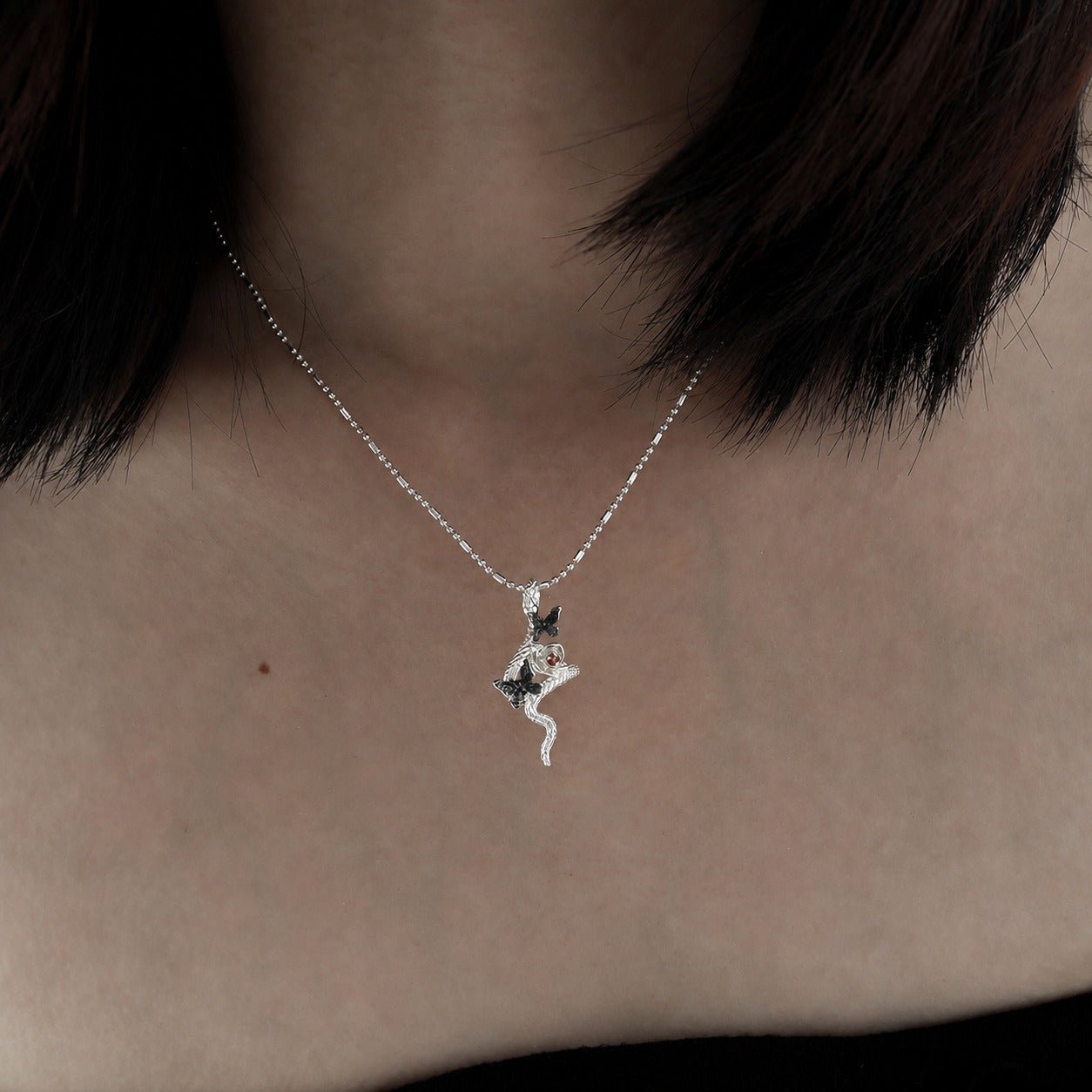 Snake Butterfly Zircon and Red Gemstone Flower Pendant on a 925 Sterling Silver Necklace - KIAHMILLA