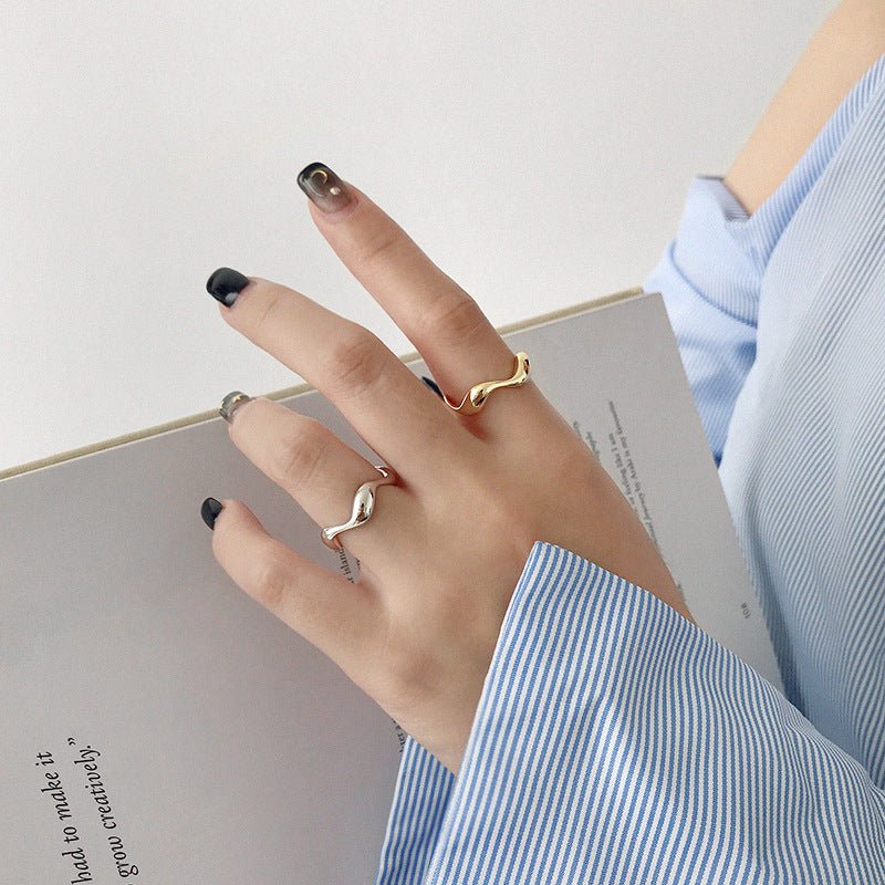 stacked silver ring INS minimalist irregular wavy smooth S925 pure silver open ring for women - KIAHMILLA