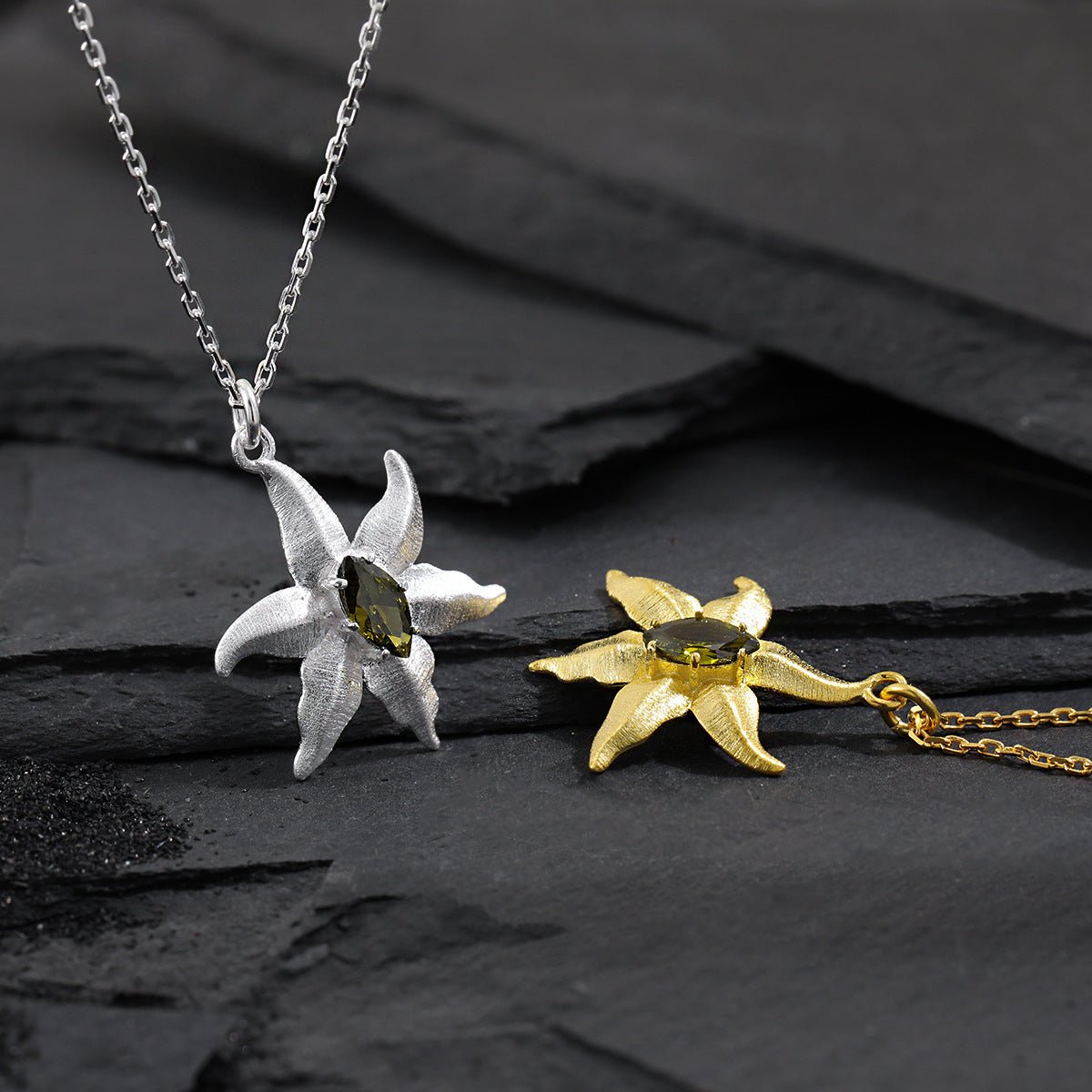 Starfish Design Natural Peridot 925 Sterling Silver Necklace Delicate Unique Style Sea-Inspired Jewelry Pendant - KIAHMILLA
