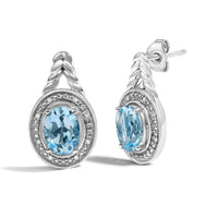 Sterling Silver Oval Blue Topaz and Diamond Accent Twist and Halo Drop Earrings - KIAHMILLA